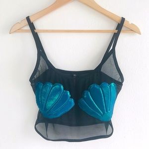 Festival Sheer Black Top with Blue Glitter Mermaid Sea Shells (M/L)